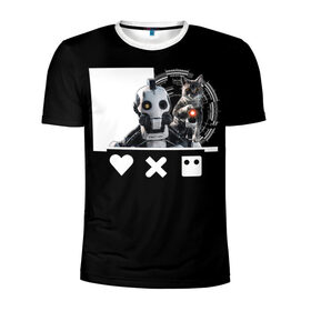 Мужская футболка 3D спортивная с принтом Андроид XBOT 4000 в Белгороде, 100% полиэстер с улучшенными характеристиками | приталенный силуэт, круглая горловина, широкие плечи, сужается к линии бедра | Тематика изображения на принте: андроид | белочерный | белый | знак | кот | котик | кошка | любовь | механизм | робот | роботы | черный