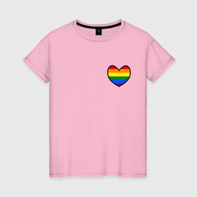 Женская футболка хлопок с принтом Радужное сердце  в Белгороде, 100% хлопок | прямой крой, круглый вырез горловины, длина до линии бедер, слегка спущенное плечо | много цветов | радуга | радужная | радужное сердце | разноцветная | разноцветный | сердечко | сердце | цвета радуги | цветная | цветной