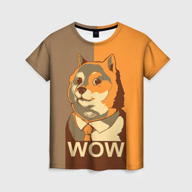 Женская футболка 3D с принтом Doge Wow в Белгороде, 100% полиэфир ( синтетическое хлопкоподобное полотно) | прямой крой, круглый вырез горловины, длина до линии бедер | animal | art | dog | doge | dogecoin | many x | mem | meme | new | poster | such x | wave | wow | арт | в | галстук | галстуке | двухцветная | животное | зверь | имени | кабосу | мем | мемас | мэм | по | постер | сиба ину | собака | хищник