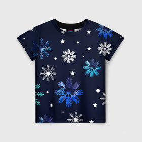 Детская футболка 3D с принтом Падающие снежинки уходящей зимы в Белгороде, 100% гипоаллергенный полиэфир | прямой крой, круглый вырез горловины, длина до линии бедер, чуть спущенное плечо, ткань немного тянется | джинсовая | необычная | падают | синяя текстура | снежинки | текстура