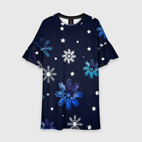 Детское платье 3D с принтом Падающие снежинки уходящей зимы в Белгороде, 100% полиэстер | прямой силуэт, чуть расширенный к низу. Круглая горловина, на рукавах — воланы | Тематика изображения на принте: джинсовая | необычная | падают | синяя текстура | снежинки | текстура