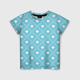 Детская футболка 3D с принтом Белые сердечки на голубом фоне в Белгороде, 100% гипоаллергенный полиэфир | прямой крой, круглый вырез горловины, длина до линии бедер, чуть спущенное плечо, ткань немного тянется | белый | квадраты | многоугольники. точки | ромбы | сердце | узор | фон