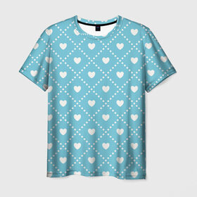 Мужская футболка 3D с принтом Белые сердечки на голубом фоне в Белгороде, 100% полиэфир | прямой крой, круглый вырез горловины, длина до линии бедер | белый | квадраты | многоугольники. точки | ромбы | сердце | узор | фон