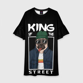 Детское платье 3D с принтом King Street в Белгороде, 100% полиэстер | прямой силуэт, чуть расширенный к низу. Круглая горловина, на рукавах — воланы | animal | art | brutal | dog | illustration | king | of | pug | street | the | арт | брутальный | бульдог | в | животное | зверь | король | надпись | одежде | очках | пёс | рамка | собака | текст | улиц | улицы | уличный | шапке