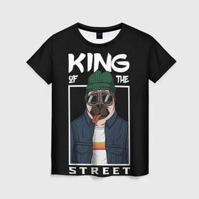Женская футболка 3D с принтом King Street в Белгороде, 100% полиэфир ( синтетическое хлопкоподобное полотно) | прямой крой, круглый вырез горловины, длина до линии бедер | animal | art | brutal | dog | illustration | king | of | pug | street | the | арт | брутальный | бульдог | в | животное | зверь | король | надпись | одежде | очках | пёс | рамка | собака | текст | улиц | улицы | уличный | шапке