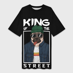 Платье-футболка 3D с принтом King Street в Белгороде,  |  | animal | art | brutal | dog | illustration | king | of | pug | street | the | арт | брутальный | бульдог | в | животное | зверь | король | надпись | одежде | очках | пёс | рамка | собака | текст | улиц | улицы | уличный | шапке