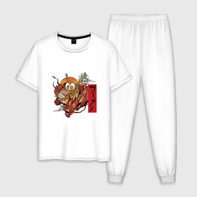 Мужская пижама хлопок с принтом Красный Дракон Рамен в Белгороде, 100% хлопок | брюки и футболка прямого кроя, без карманов, на брюках мягкая резинка на поясе и по низу штанин
 | Тематика изображения на принте: anime | art | bowl | japan | kanji | manga | ramen | red dragon | soup | аниме про еду | аниме про рамен | анимешник | арт | боул | иероглифы | йероглифы | кандзи | кафе из другого мира | китайский дракон | лапша | манга | миска
