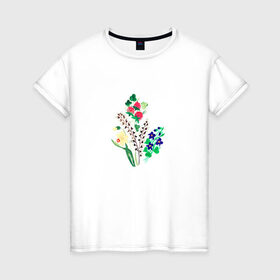 Женская футболка хлопок с принтом Разные цветы в Белгороде, 100% хлопок | прямой крой, круглый вырез горловины, длина до линии бедер, слегка спущенное плечо | картинки | лето | нарциссы | популярные | прикольные | растения | тренды | цветы