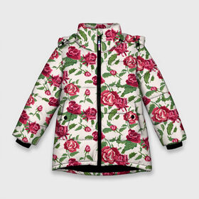 Зимняя куртка для девочек 3D с принтом Узор из красных роз в Белгороде, ткань верха — 100% полиэстер; подклад — 100% полиэстер, утеплитель — 100% полиэстер. | длина ниже бедра, удлиненная спинка, воротник стойка и отстегивающийся капюшон. Есть боковые карманы с листочкой на кнопках, утяжки по низу изделия и внутренний карман на молнии. 

Предусмотрены светоотражающий принт на спинке, радужный светоотражающий элемент на пуллере молнии и на резинке для утяжки. | art | flora | floral | flower | pattern | red flowers | roses | thorns | арт | букет | бутоны | иллюстрация | колючки | красная роза | листья | огород | паттерн | растения | рисунок | розы | сад | садовая роза | узоры | флора | флор