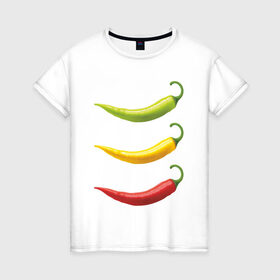 Женская футболка хлопок с принтом Перец чили в Белгороде, 100% хлопок | прямой крой, круглый вырез горловины, длина до линии бедер, слегка спущенное плечо | chili | green pepper | hot | red pepper | yellow pepper | жгучий | желтый | зеленый | красный | перцы | чили