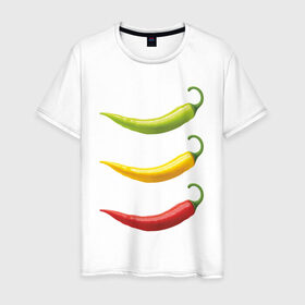 Мужская футболка хлопок с принтом Перец чили в Белгороде, 100% хлопок | прямой крой, круглый вырез горловины, длина до линии бедер, слегка спущенное плечо. | chili | green pepper | hot | red pepper | yellow pepper | жгучий | желтый | зеленый | красный | перцы | чили