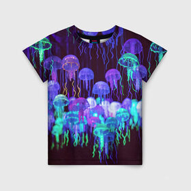 Детская футболка 3D с принтом Неоновые медузы в Белгороде, 100% гипоаллергенный полиэфир | прямой крой, круглый вырез горловины, длина до линии бедер, чуть спущенное плечо, ткань немного тянется | вода | животные | медузы | неон | неоновые