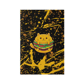 Обложка для паспорта матовая кожа с принтом Котобургер в Белгороде, натуральная матовая кожа | размер 19,3 х 13,7 см; прозрачные пластиковые крепления | брызги | булка | бургер кот | буттерброд | гамбургер | желтый | котенок | котик | котобургер | краски | оранжевый | сендвич | фаст фуд | чизбургер