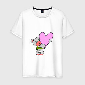 Мужская футболка хлопок с принтом Плюшевый Мишка с сердцем  в Белгороде, 100% хлопок | прямой крой, круглый вырез горловины, длина до линии бедер, слегка спущенное плечо. | животные | звери | игрушки | картинки | милые | мишка | плюшевый | популярные | прикольные | сердце