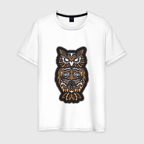 Мужская футболка хлопок с принтом Сова из узоров полинезии в Белгороде, 100% хлопок | прямой крой, круглый вырез горловины, длина до линии бедер, слегка спущенное плечо. | арт | африканский | глаза | графика | животное | лицо | маска | мультфильм | охота | природа | символ | сова | тату