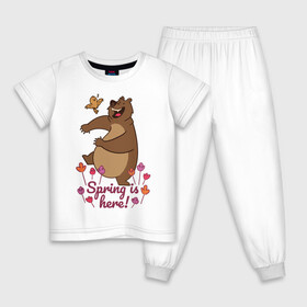 Детская пижама хлопок с принтом Весенний медведь в Белгороде, 100% хлопок |  брюки и футболка прямого кроя, без карманов, на брюках мягкая резинка на поясе и по низу штанин
 | art | bear | bird | drawing | flowers | inscription | spring | арт | весна | косолапый | медведь | мишка | надпись | птица | рисунок | цветы
