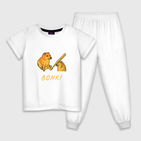 Детская пижама хлопок с принтом Doge Bonk go to horny jail в Белгороде, 100% хлопок |  брюки и футболка прямого кроя, без карманов, на брюках мягкая резинка на поясе и по низу штанин
 | Тематика изображения на принте: 8 бит | 8bit | anime | cheems | chims | meme | pixel art | pixelart | аниме | бита | бонк | бьет | доге | мем | новый мем | пиксель арт | с бейсбольной битой | с битой | собака бьет другую собаку | тюр