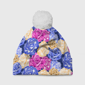 Шапка 3D c помпоном с принтом Неоновые бутоны роз в Белгороде, 100% полиэстер | универсальный размер, печать по всей поверхности изделия | 8 марта | flowers | head | heads | neon | pattern | rose | summer | woman | арт | букет | для женщины | женский день | иллюстрация | летние цветы | лето | неон | паттерн | подарок для девушки | разноцветные розы | рисунок | розы