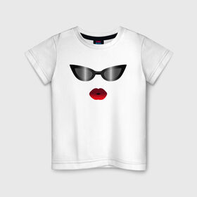 Детская футболка хлопок с принтом Черные очки с красными губами в Белгороде, 100% хлопок | круглый вырез горловины, полуприлегающий силуэт, длина до линии бедер | Тематика изображения на принте: for stylish | gradient | kiss | lipstick | plump lips | red lips | градиент | для стильных | красные губы | модные очки | помада | поцелуй | пухлые губы | черные очки