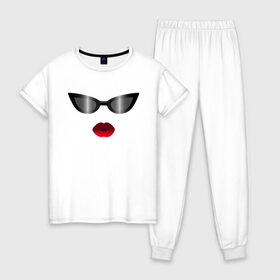 Женская пижама хлопок с принтом Черные очки с красными губами в Белгороде, 100% хлопок | брюки и футболка прямого кроя, без карманов, на брюках мягкая резинка на поясе и по низу штанин | for stylish | gradient | kiss | lipstick | plump lips | red lips | градиент | для стильных | красные губы | модные очки | помада | поцелуй | пухлые губы | черные очки