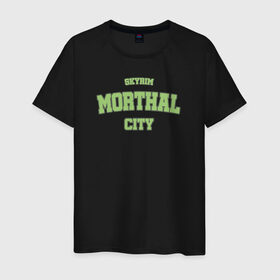 Мужская футболка хлопок с принтом SKYRIM - MORTHAL CITY в Белгороде, 100% хлопок | прямой крой, круглый вырез горловины, длина до линии бедер, слегка спущенное плечо. | morthal | skyrim | tes | varsity | видеоигры | морфал | скайрим
