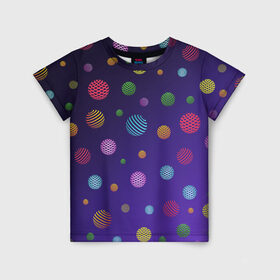 Детская футболка 3D с принтом Разноцветные шары, планеты в Белгороде, 100% гипоаллергенный полиэфир | прямой крой, круглый вырез горловины, длина до линии бедер, чуть спущенное плечо, ткань немного тянется | Тематика изображения на принте: abstract shapes | blue | colorful balls | galaxy | green | orange | planets | purple | red | shapes | space | yellow | абстрактные фигуры | галактика | желтый | зеленый | космос | красный | оранжевый | планеты | разноцветные шары | фигуры | фиол