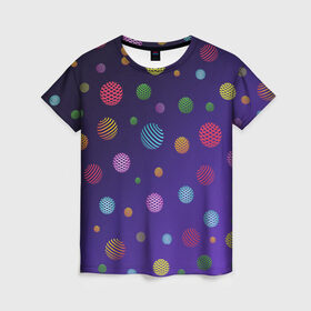 Женская футболка 3D с принтом Разноцветные шары, планеты в Белгороде, 100% полиэфир ( синтетическое хлопкоподобное полотно) | прямой крой, круглый вырез горловины, длина до линии бедер | abstract shapes | blue | colorful balls | galaxy | green | orange | planets | purple | red | shapes | space | yellow | абстрактные фигуры | галактика | желтый | зеленый | космос | красный | оранжевый | планеты | разноцветные шары | фигуры | фиол
