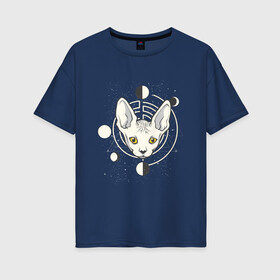 Женская футболка хлопок Oversize с принтом Космический кот сфинкс в Белгороде, 100% хлопок | свободный крой, круглый ворот, спущенный рукав, длина до линии бедер
 | earth | fruit | galaxy | geometry | mars | moon | planet | satellite | saturn | space | sphynx cat | sputnik | галактика | геометрия | звезды | земля | космос | луна | марс | планеты | половина яблока | саттелит | сатурн | созвездия | спутник