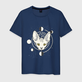 Мужская футболка хлопок с принтом Космический кот сфинкс в Белгороде, 100% хлопок | прямой крой, круглый вырез горловины, длина до линии бедер, слегка спущенное плечо. | earth | fruit | galaxy | geometry | mars | moon | planet | satellite | saturn | space | sphynx cat | sputnik | галактика | геометрия | звезды | земля | космос | луна | марс | планеты | половина яблока | саттелит | сатурн | созвездия | спутник