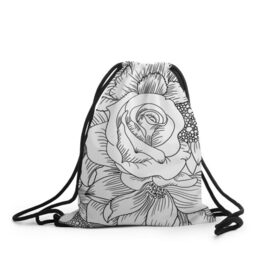 Рюкзак-мешок 3D с принтом Тату цветы в Белгороде, 100% полиэстер | плотность ткани — 200 г/м2, размер — 35 х 45 см; лямки — толстые шнурки, застежка на шнуровке, без карманов и подкладки | белый | лилия | подсолнух | роза | тату | цветы | черный