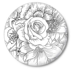Значок с принтом Тату цветы в Белгороде,  металл | круглая форма, металлическая застежка в виде булавки | белый | лилия | подсолнух | роза | тату | цветы | черный