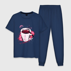 Мужская пижама хлопок с принтом Космическая чашка кофе в Белгороде, 100% хлопок | брюки и футболка прямого кроя, без карманов, на брюках мягкая резинка на поясе и по низу штанин
 | coffee | liquid | mily way | moon | morning | nebula | planet | space | symbol | внутри кружки | галактика | жидкость | код | космос | кружка | кружка с кофе | луна | млечный путь | планета | программист | символы | спутник sputnik | 