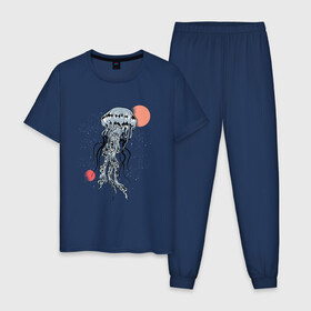 Мужская пижама хлопок с принтом Космическая медуза в Белгороде, 100% хлопок | брюки и футболка прямого кроя, без карманов, на брюках мягкая резинка на поясе и по низу штанин
 | Тематика изображения на принте: art | elon musk | jellyfish | mars | medusa | meduza | moon | nasa | space | spacex | арт | астероид | в космосе | желе | иллюстрация | илон маск | космический дизайн | космос | луна | марс | медузник | на луне | наса | нло | сатурн | спей