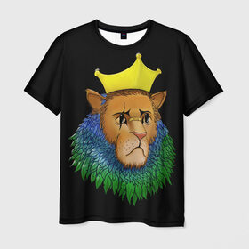 Мужская футболка 3D с принтом Lion_art в Белгороде, 100% полиэфир | прямой крой, круглый вырез горловины, длина до линии бедер | king | lion | корона | кошка | лев | перья | царь | царь зверей