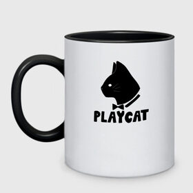 Кружка двухцветная с принтом Playcat в Белгороде, керамика | объем — 330 мл, диаметр — 80 мм. Цветная ручка и кайма сверху, в некоторых цветах — вся внутренняя часть | playboy | playcat | кот. | котик | логотип