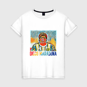 Женская футболка хлопок с принтом Diego Maradona в Белгороде, 100% хлопок | прямой крой, круглый вырез горловины, длина до линии бедер, слегка спущенное плечо | argentina | football | maradona | messi | аргентина | гол | диего | марадона | месси | мяч | рука бога | спорт | футбол | чемпион