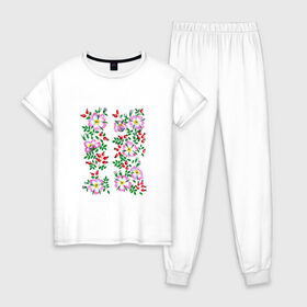 Женская пижама хлопок с принтом Цветы в Белгороде, 100% хлопок | брюки и футболка прямого кроя, без карманов, на брюках мягкая резинка на поясе и по низу штанин | букет | картинки | лепестки | лето | популярные | прикольные | тренды | цветы