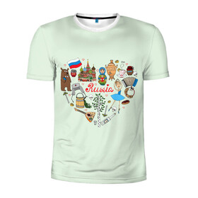 Мужская футболка 3D спортивная с принтом Россия в Белгороде, 100% полиэстер с улучшенными характеристиками | приталенный силуэт, круглая горловина, широкие плечи, сужается к линии бедра | Тематика изображения на принте: балалайка | балерина | матрешка | медведь | россия | храм василия блаженого