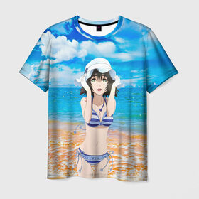 Мужская футболка 3D с принтом Маюри (Врата Штейна) в Белгороде, 100% полиэфир | прямой крой, круглый вырез горловины, длина до линии бедер | Тематика изображения на принте: аниме девушка | купальник | маюши | море | облака | пляж