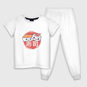 Детская пижама хлопок с принтом Кусочки суши и роллов в Белгороде, 100% хлопок |  брюки и футболка прямого кроя, без карманов, на брюках мягкая резинка на поясе и по низу штанин
 | Тематика изображения на принте: cute | japan | japanese | kanji | kawaii | rolls | sushi | иероглифы | кавайи | кавайные суши | кандзи | культура | любитель суши | милота | милые суши | нигири | ролл | роллы | сашими | суси | фаст фуд | фастфуд | хирагана