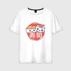Женская футболка хлопок Oversize с принтом Кусочки суши и роллов в Белгороде, 100% хлопок | свободный крой, круглый ворот, спущенный рукав, длина до линии бедер
 | cute | japan | japanese | kanji | kawaii | rolls | sushi | иероглифы | кавайи | кавайные суши | кандзи | культура | любитель суши | милота | милые суши | нигири | ролл | роллы | сашими | суси | фаст фуд | фастфуд | хирагана
