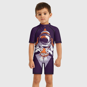Детский купальный костюм 3D с принтом Космонавт ест бургер в Белгороде, Полиэстер 85%, Спандекс 15% | застежка на молнии на спине | cosmonaut | граффити | космонавт | космонавт ест бургер | космос | рисунок | тату | татуировки | фиолетовый фон