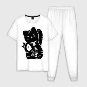Мужская пижама хлопок с принтом Манэки-нэко в Белгороде, 100% хлопок | брюки и футболка прямого кроя, без карманов, на брюках мягкая резинка на поясе и по низу штанин
 | животное | зверь | кот | кот качает лапой | кот с рыбой | кошка | манэки нэко