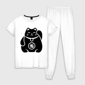 Женская пижама хлопок с принтом Манэки-нэко жирный в Белгороде, 100% хлопок | брюки и футболка прямого кроя, без карманов, на брюках мягкая резинка на поясе и по низу штанин | животное | зверь | кот | кот качает лапой | кошка | манэки нэко | чёрно белый рисунок