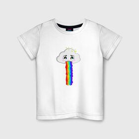 Детская футболка хлопок с принтом ОБЛАКО РАДУГА в Белгороде, 100% хлопок | круглый вырез горловины, полуприлегающий силуэт, длина до линии бедер | cloud | rainbow | би | блюющее облако | летний | мем | мультяшный | радуга | разноцветный | юмор | яркий