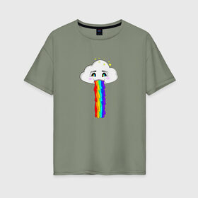 Женская футболка хлопок Oversize с принтом ОБЛАКО РАДУГА в Белгороде, 100% хлопок | свободный крой, круглый ворот, спущенный рукав, длина до линии бедер
 | cloud | rainbow | би | блюющее облако | летний | мем | мультяшный | радуга | разноцветный | юмор | яркий