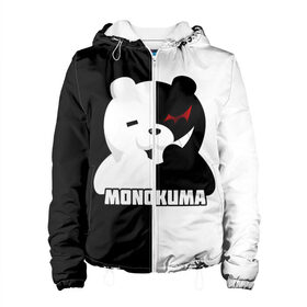 Женская куртка 3D с принтом MONOKUMA  МОНОКУМА BEAR в Белгороде, ткань верха — 100% полиэстер, подклад — флис | прямой крой, подол и капюшон оформлены резинкой с фиксаторами, два кармана без застежек по бокам, один большой потайной карман на груди. Карман на груди застегивается на липучку | anime | danganronpa | enoshima | junko | monokuma | аниме | джунко | игра | манга | медведь | монокума | робот медведь | эношима