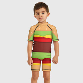 Детский купальный костюм 3D с принтом Бургер в Белгороде, Полиэстер 85%, Спандекс 15% | застежка на молнии на спине | бургер | минимализм | полосы | рисунок | фастфуд