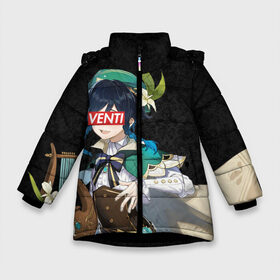 Зимняя куртка для девочек 3D с принтом Genshin Impact VENTI в Белгороде, ткань верха — 100% полиэстер; подклад — 100% полиэстер, утеплитель — 100% полиэстер. | длина ниже бедра, удлиненная спинка, воротник стойка и отстегивающийся капюшон. Есть боковые карманы с листочкой на кнопках, утяжки по низу изделия и внутренний карман на молнии. 

Предусмотрены светоотражающий принт на спинке, радужный светоотражающий элемент на пуллере молнии и на резинке для утяжки. | genshin | genshin impaсt | hikka | sempai | senpai | venti | венти | вентилятор | геншин | геншин импакт | семпай | сенпай