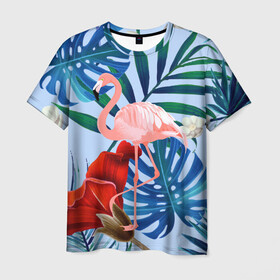 Мужская футболка 3D с принтом Фламинго в папоротнике в Белгороде, 100% полиэфир | прямой крой, круглый вырез горловины, длина до линии бедер | папоротник | птица | рисунок | тропики | фламинго | фламинго в папоротнике